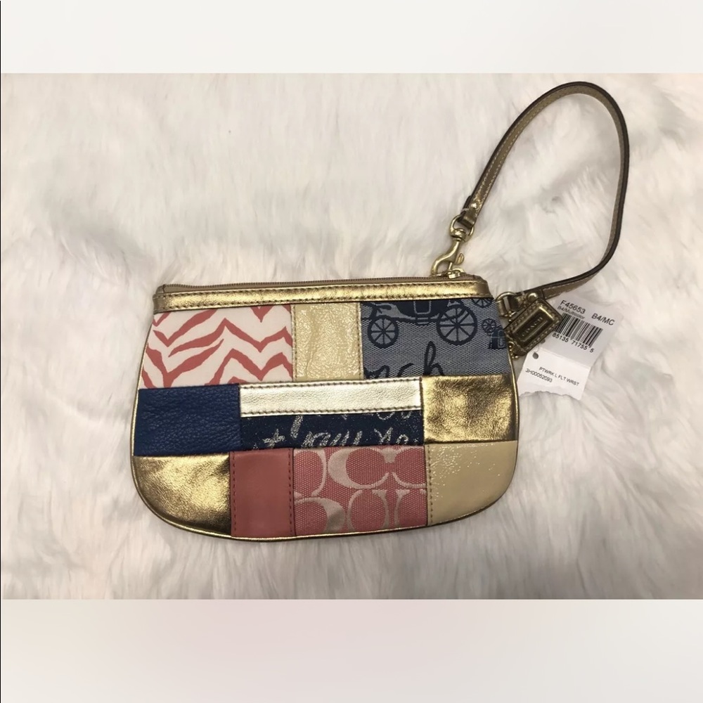 NWT Coach Patchwork Wristlet Multicolor Gold Leather Trim